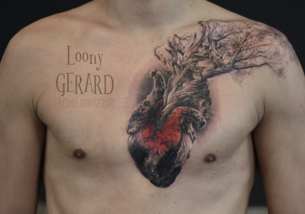 Black & Grey Chest Tattoo Gerad Kielczynski TrueArtists