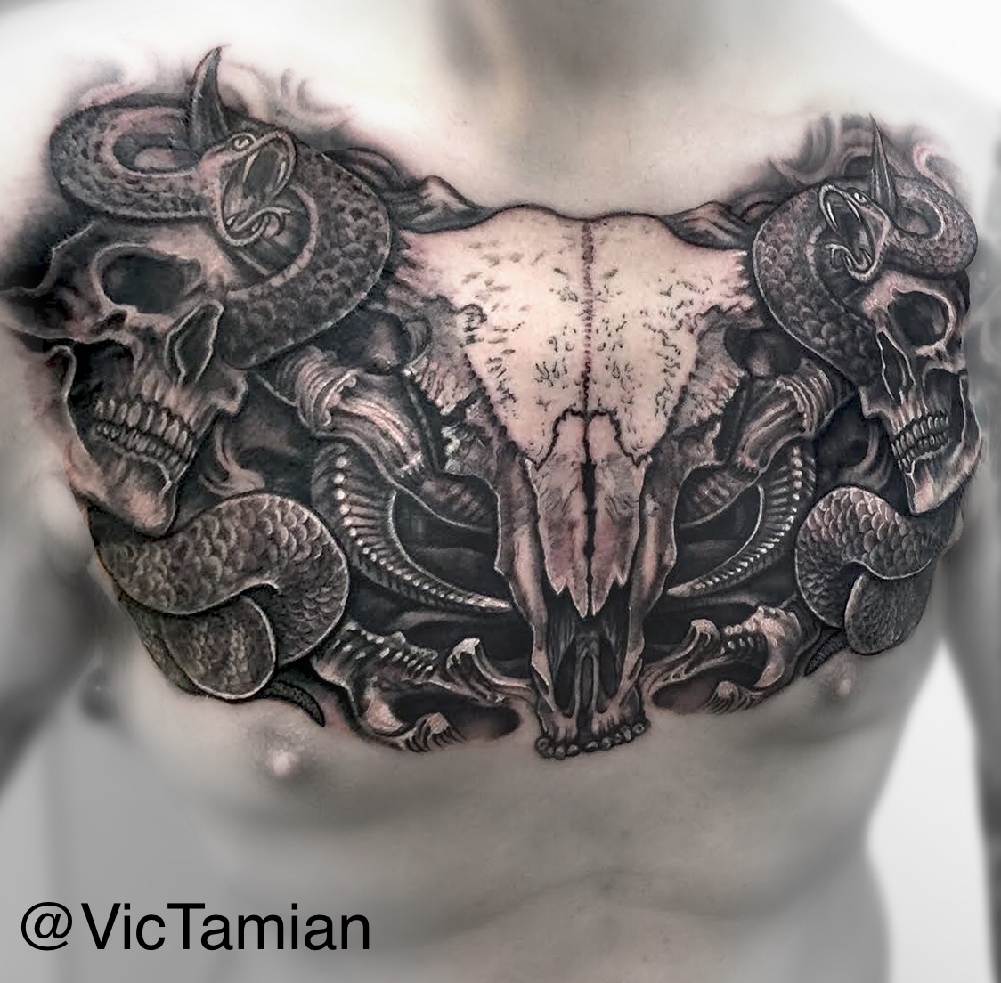 Black & Grey Chest Tattoo Vic Tamian TrueArtists